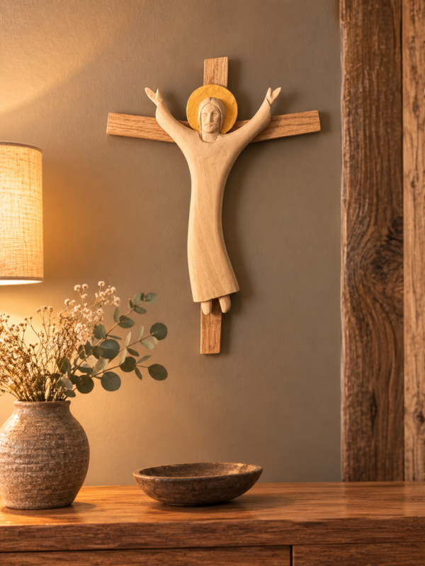 Croix sculptée Christ Ressuscité