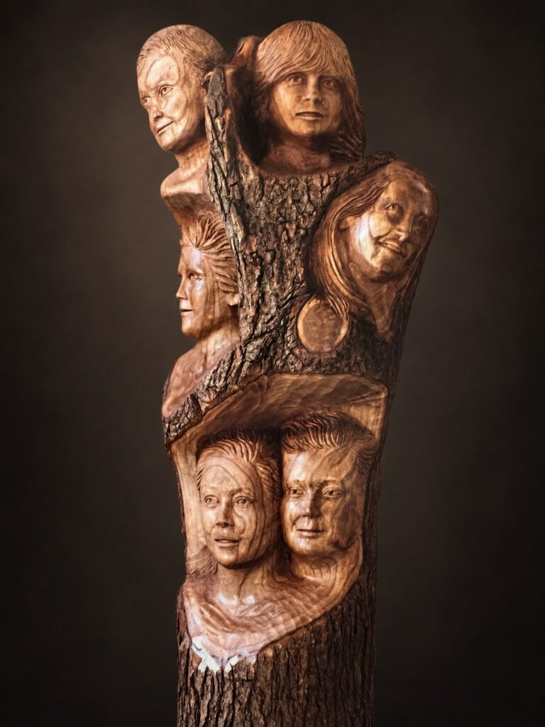 Sculpture monumentale : six visages d une même famille taillés dans un tronc